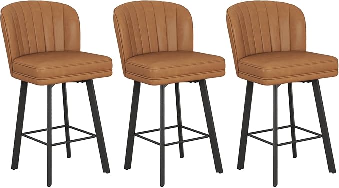 Swivel Counter Height Bar Stools Set of 3, 26'' Modern Barstools with Backs and Metal Legs, Upholstered Bar Chairs, Faux Leather Whiskey Brown Stools for Kitchen Island Chairs