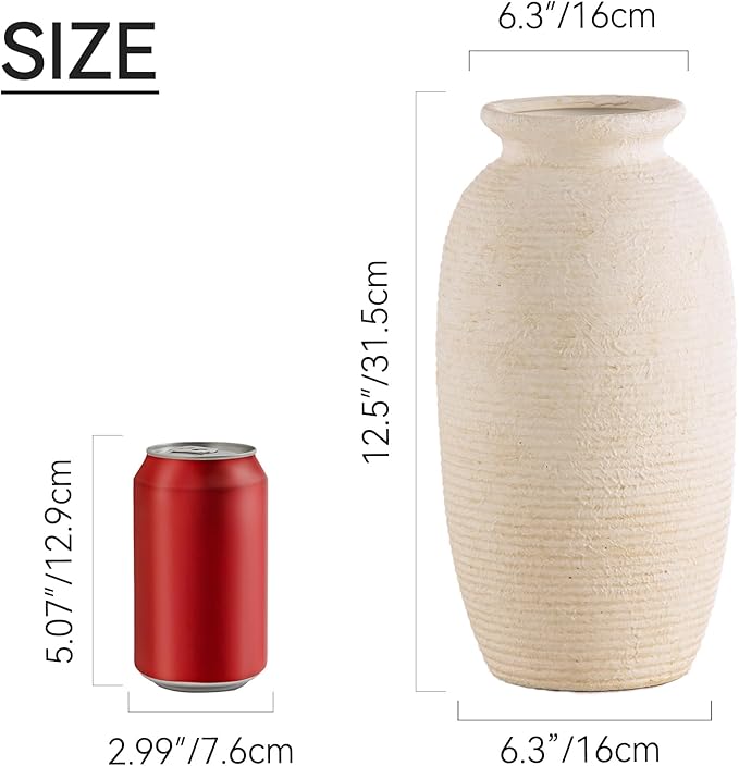 Ceramic Flower Vase, 12.5" Large Rustic Farmhouse Vases Home Decor Tall Pottery Decorative Pampas Vase for Table Living Room Entryway Mantel Bookshelf Bedroom Bathroom Kitchen-White