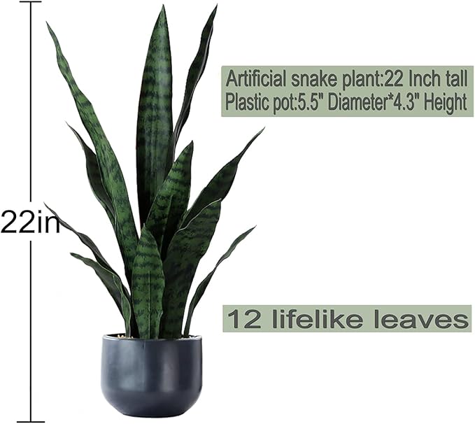 Artificial Plants Sansevieria Snake Plant with Black Plastic Planter Greenery Perfect Faux Agave Fake Plants in Pot for Home Office Indoor and Outdoo Décor (22" Green)