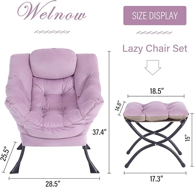 Welnow Lazy Chair with Ottoman, Modern Lounge Accent Chair with Armrests and a Side Pocket, Leisure Upholstered Sofa Armchair Set, Reading Armchair with Footrest for Small Space, Light Purple