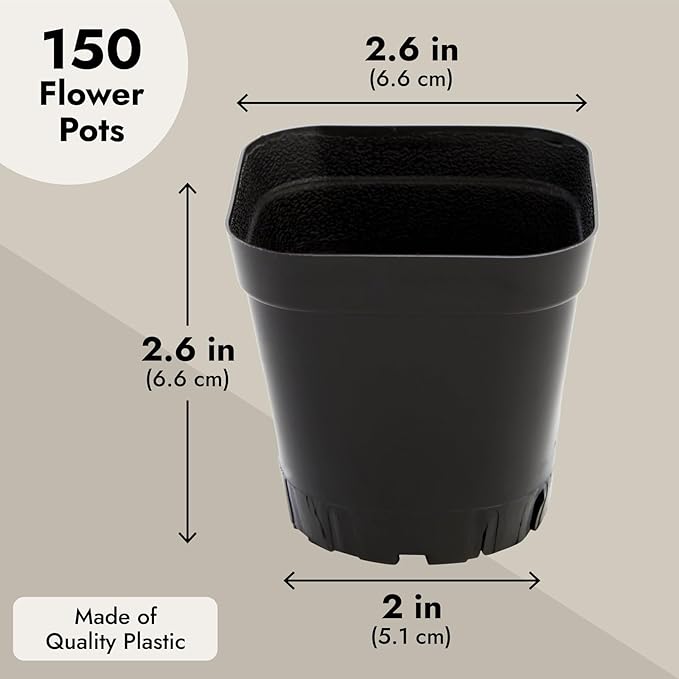Juvale Nursery Pots - 2 in, Black, 150 Count, Modern Square Stackable - Seed Starter & Seedling Planter - Plastic Plant Pots with Drainage Holes - Indoor Planter