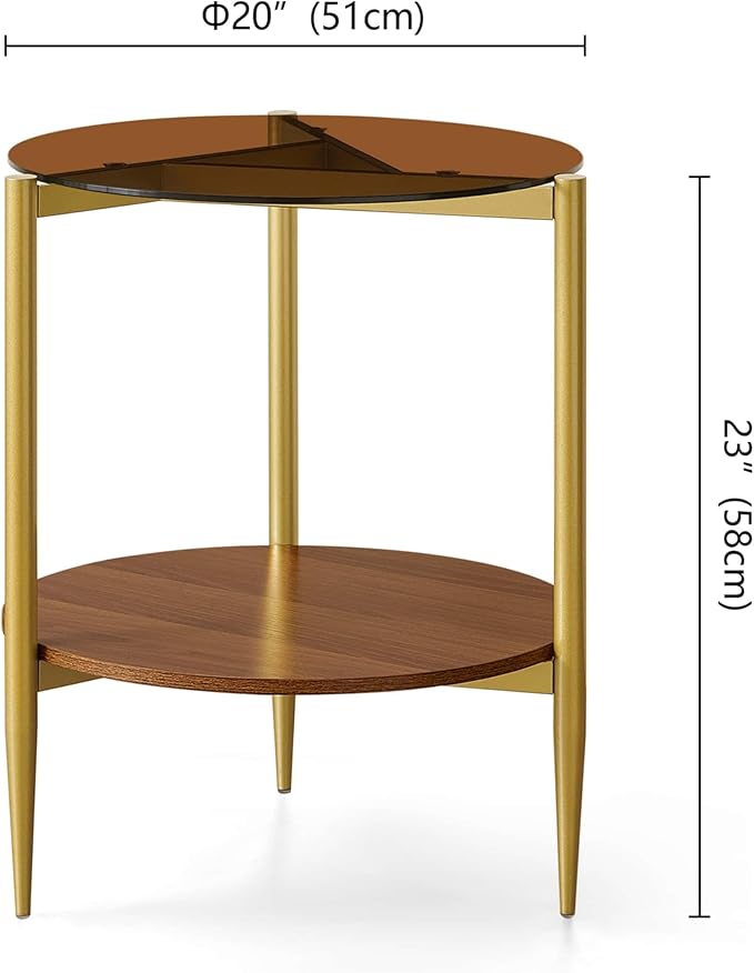 Round End Table, Mid-Century Modern Design, D20*H23 inch, for Living Room, 2-Tier Structure, Amber Glass Top and Walnut MDF Shelf, Sleek Conical Metal Legs with Gold Finish