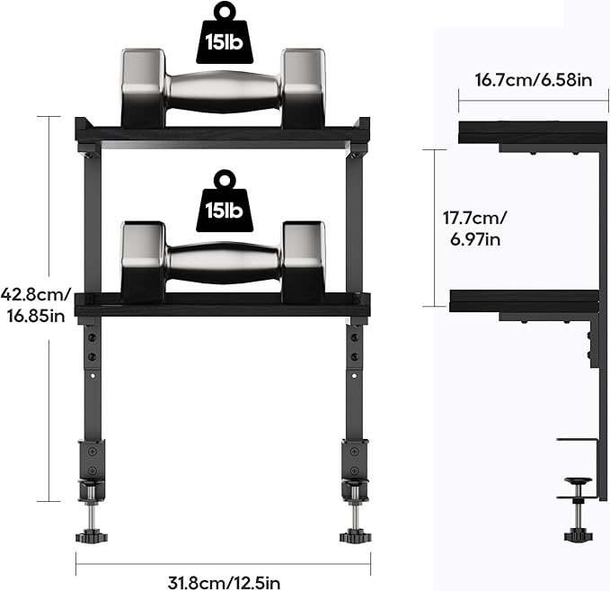 Clamp On Desk Shelf 2-Tier, 12.5 inche Wood Shelving Unit for Office Desk/Gaming Accessories, Tabletop Book Storage Rack, Shelf for Top & Under of Desk, Black