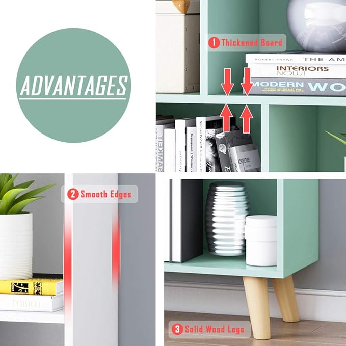 IOTXY Wooden Open Shelf Bookcase - 3-Tier Floor Standing Display Cabinet Rack with Legs, 7 Cubes Bookshelf, Bright Blue