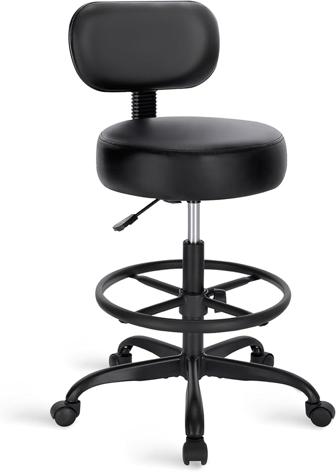 SUPERJARE Drafting Chair with Back, Adjustable Foot Rest Rolling Stool, Multi-Purpose Office Desk Chair, Thick Seat Cushion for Home Bar Kitchen Shop - All Black