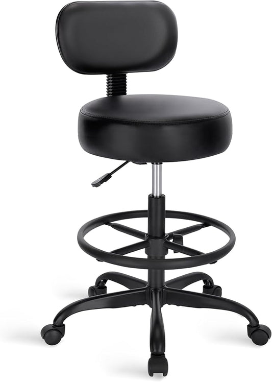 SUPERJARE Drafting Chair with Back, Adjustable Foot Rest Rolling Stool, Multi-Purpose Office Desk Chair, Thick Seat Cushion for Home Bar Kitchen Shop - All Black