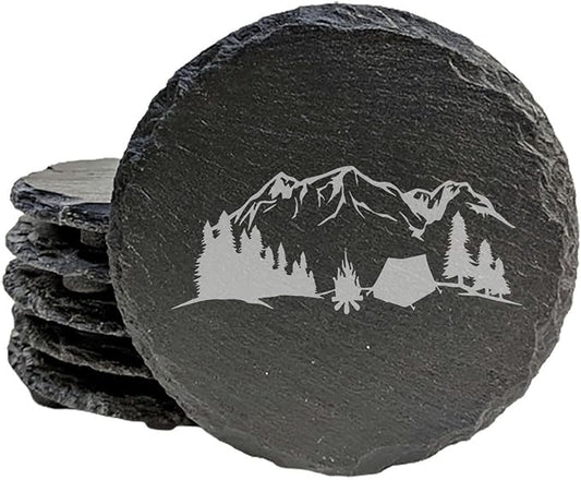 Mountain Majesty Slate Coasters with Stunning Mountain Scene Design - Perfect for Home and Office Decor and Protection of Surfaces, Available in Square or Round Coasters - Round Slate - Set of 8