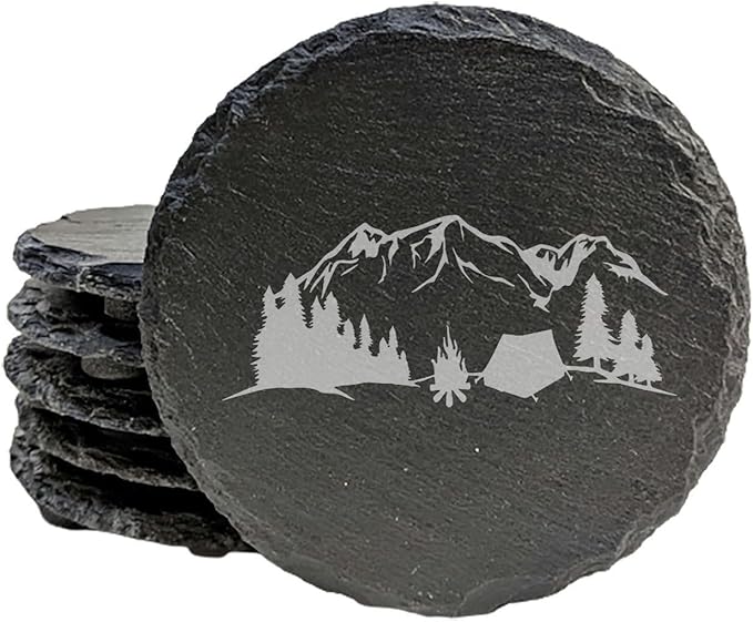Mountain Majesty Slate Coasters with Stunning Mountain Scene Design - Perfect for Home and Office Decor and Protection of Surfaces, Available in Square or Round Coasters - Round Slate - Set of 5