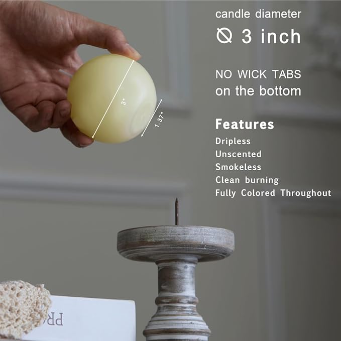 MOZEAL Hand-Poured, 3 Inch Ivory Round Ball Candles - Elegant Cream Round Pillar Candles Set of 3, Dripless, Unscented, Smokeless, Ideal for Weddings and Elegant Celebrations