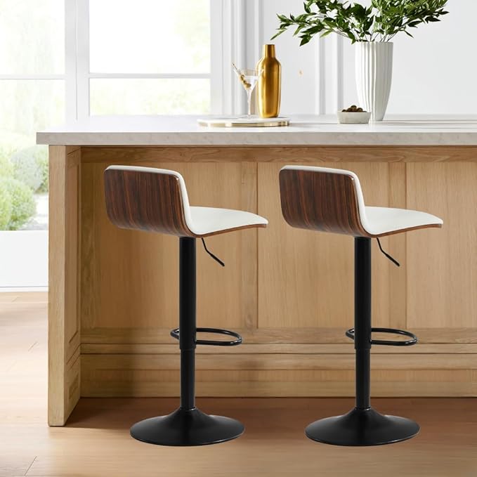 Set of 4 Swivel Bar Stools Adjustable Height, Faux Leather Barstools with Wooden Back and Footrest, Counter Height Bar Height Chairs for Kitchen Island, Dining Room, White