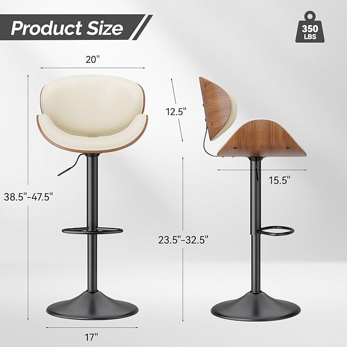 Swivel Bar Stools Set of 2, Seat Adjustable Height 23.5-32.5IN Bentwood Barstools with Back & Footrest, PU Leather Upholstered Counter Height Bar Chairs for Bar Kitchen Dining Room,Beige