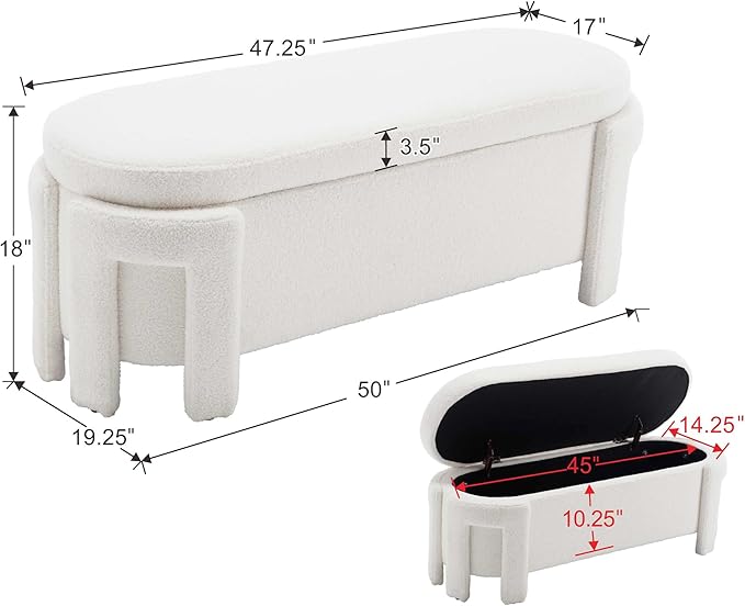 Modern Sherpa Storage Ottoman Bench for Bedroom 47.25 in Comfy Boucle Upholstered Entryway Bench with Storage for End of Bed/Living Room/Lounge/Window Corner, White