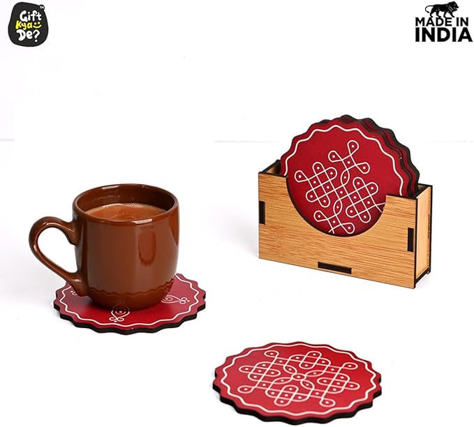 GKD Wooden Coasters for Drinks, Coasters Set of 6 with Holder, 3.5 inches Eco-Friendly Absorbent Coaster for Coffee Table, Bar, Drinking Glasses, Tabletop Protection (1, Fine Art Red)