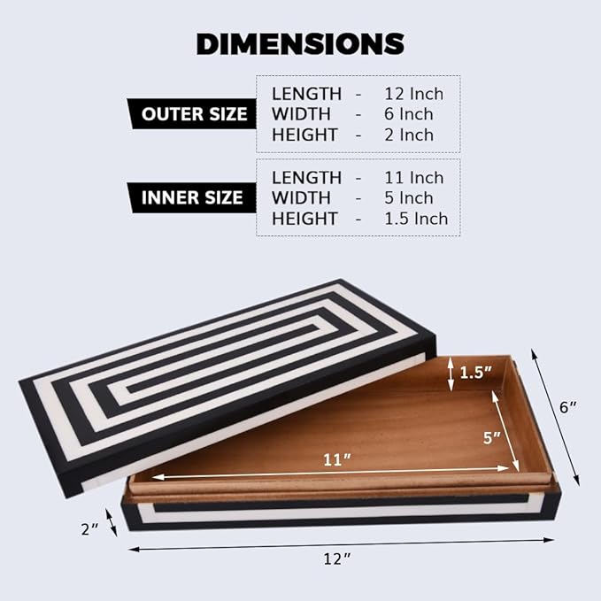 Handicrafts Home Large Decorative Storage Box with Lid – 12x6x2” Coffee Table Organizer, Keepsake- Decorative Boxes for Home Decor, Stylish Decorative Box for Office Decor- Concentric - Black White