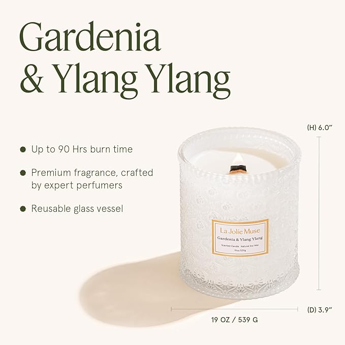 LA JOLIE MUSE Gardenia & Ylang Ylang Scented Candle, 19.4 oz, Large Glass Jar Candles for Women, Wood Wick Candle Gift, Soy Candles for Home, 90 Hours Long Burning Time