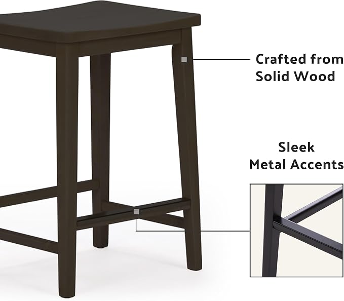 Plank+Beam Smythe Counter Stool, 24", Set of 2, Sturdy Wood Modern Kitchen Counter Height Stool, Saddle Seat Backless Counter Chair, Metal Footrest, Black