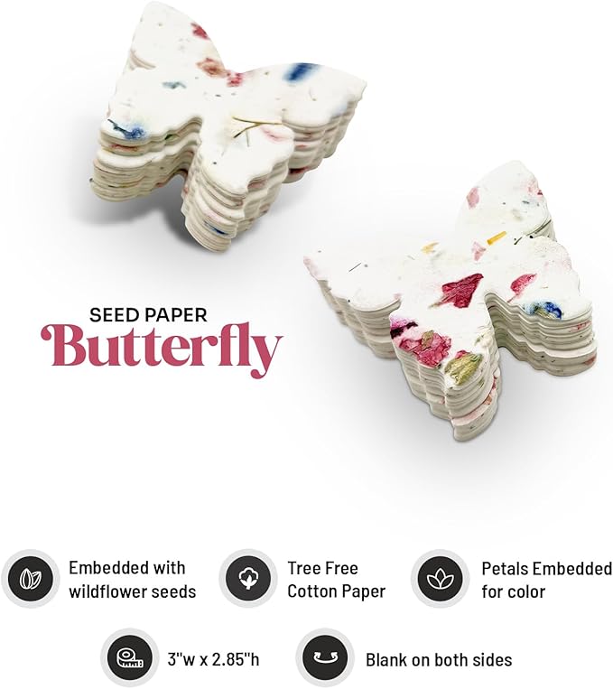 50 pcs Large Seed Paper – Pink Plantable Wildflower Butterflies for Bridal Shower, Wedding Gift, Birthday, Mother's Day & Other Milestone Celebrations