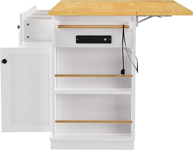 Merax 53" Upgraded Kitchen Cart Island with 2 Bar Stools on Wheels with Power Outlet,Drop Leaf,3 Drawers and 5 Open Side Racks,Wood Storage Cabinet