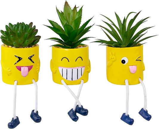 3Pcs Cute Fake Plants Small Potted Succulents with Yellow Pot, Creative Artificial Succulent Plants in Hanging Leg Fun Pot, Mini Vibrant Faux Plant for Home Office Desk Decor and Gift Choice
