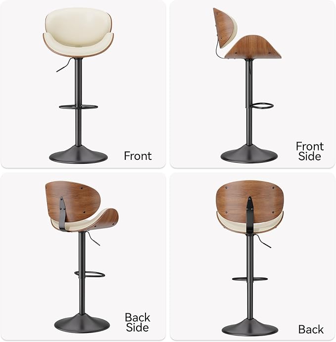 Swivel Bar Stools Set of 2, Seat Adjustable Height 23.5-32.5IN Bentwood Barstools with Back & Footrest, PU Leather Upholstered Counter Height Bar Chairs for Bar Kitchen Dining Room,Beige