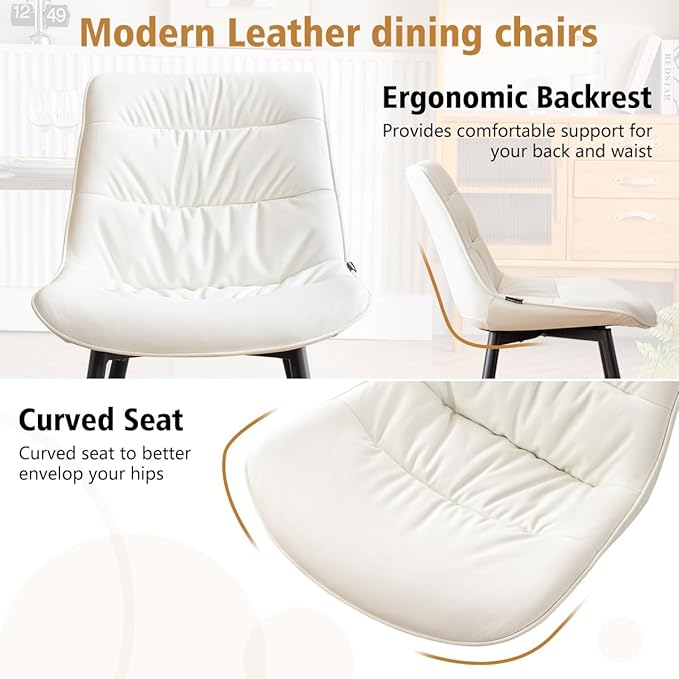 Kidol & Shellder Dining Chairs Set of 2, Modern Upholstered Faux Leather Kitchen Side Chairs with Comfortable Back - Mid-Century Armless Chair for Dining Living Room Bedrooms, with Metal Legs (White)