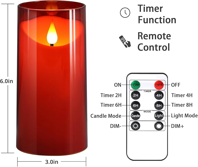 NURADA Flameless Candles with Remote Timer: 3D Wick Battery Operated Led Pillar Fake Candle Set for Wedding Birthday Christmas Decorations - Red 2 Pack