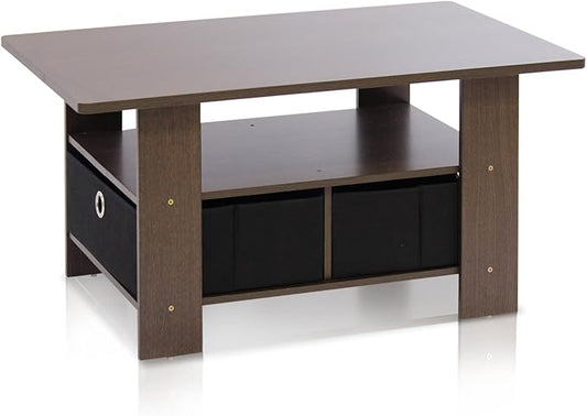 Furinno Coffee Table with Bins, Dark Brown/Black