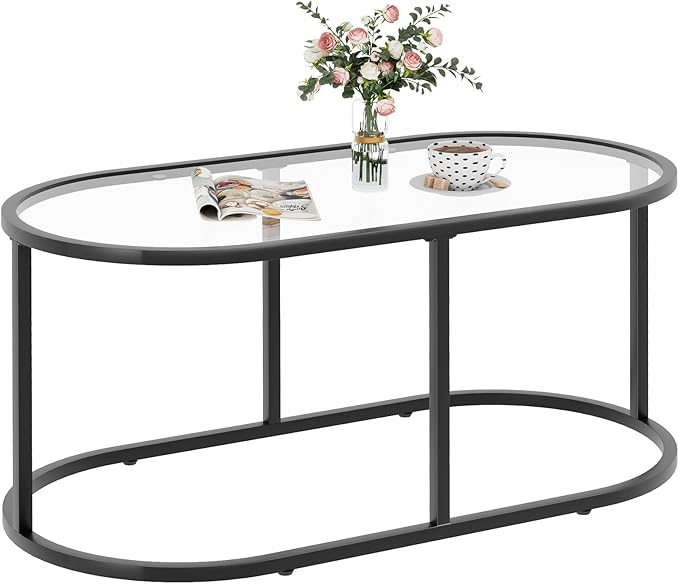 Coffee Table Black Glass Coffee Tables for Living Room, Oval Table Center Table with Sturdy Metal Frame,Modern Tempered Glass Accent Tables for Bedroom Home Office