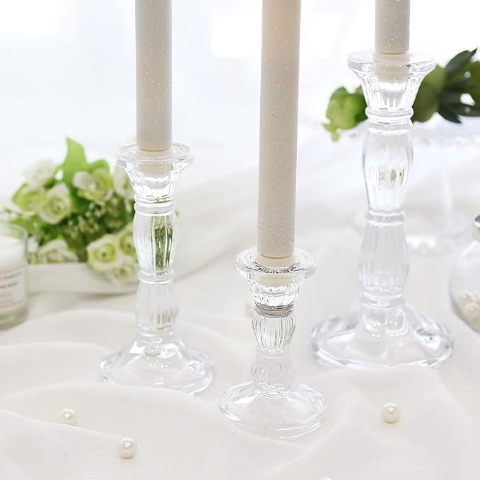 3Pack Glass Candle Stick Holders - Clear Crystal Taper Candles Holder– Table Centerpieces for Buring Candles, Led Taper Candle,Party and Wedding Decoration(4,6,8inches Tall)