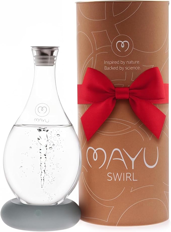 MAYU Swirl Structured Water Carafe - Innovative Vortex Technology Handblown Pitcher. Post Reverse Osmosis Filter Aerating Water Dispenser Stand 1.5 Liter| 51 Oz Dining Glass Jug Design (Dolomite Base)