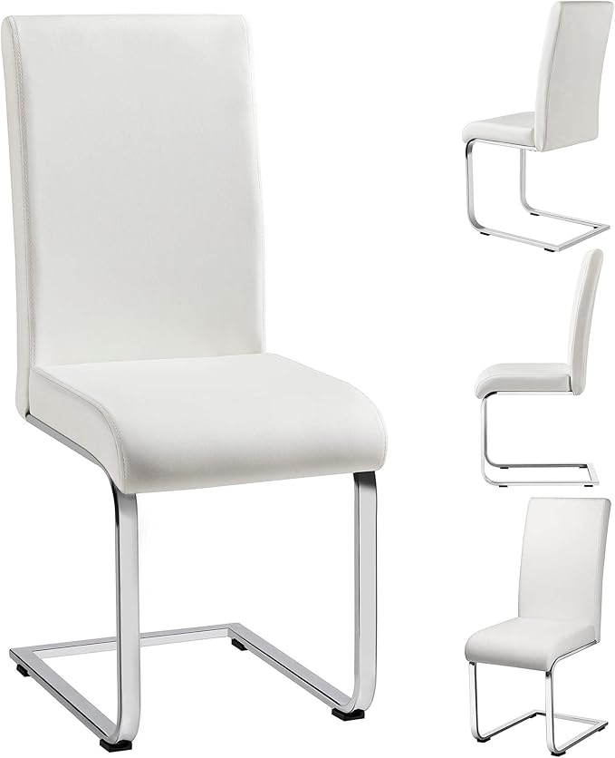 Yaheetech Dining Chairs Set of 4 Modern Faux Leather Upholstered Dining Room Chairs with High Back and Metal Chrome Legs for Kitchen/Living Room/Restaurant, White