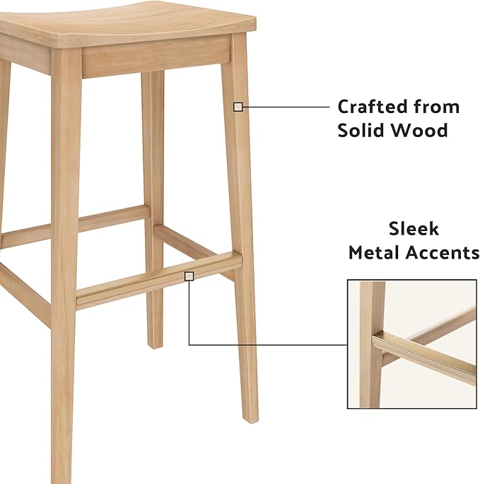 Plank+Beam Smythe Bar Stool, 30", Set of 2, Sturdy Wood Modern Kitchen Bar Height Stool, Saddle Seat Backless Counter Chair, Metal Footrest, Blonde