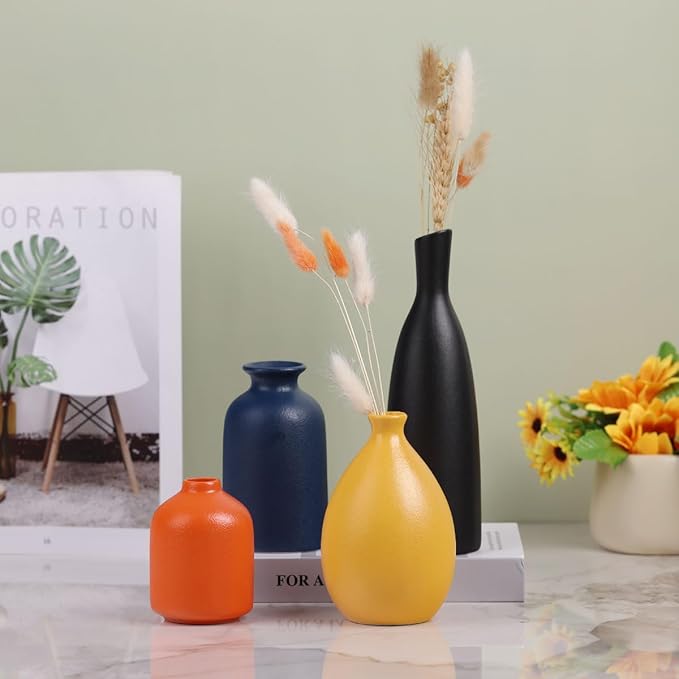 Colorful Ceramic Bud Vases Set of 4 - Modern Yellow, Orange, Blue Small Vases for Home Decor - Ideal for Living Room, Kitchen, Office, Bathroom, Mantle, Entrance, Farmhouse & Coffee Table Decorations