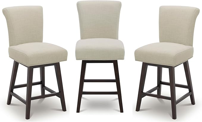 CHITA 26 Inch Counter Height Swivel Bar Stools Set of 3, FSC Certified Modern Upholstered Swivel Barstool Chairs with Back, Fabric in Linen
