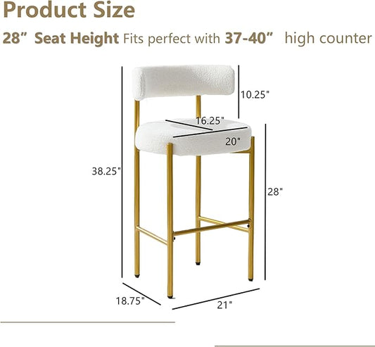28'' Boucle Bar Stools Set of 4, White Bar Stools with Backs, Bar Height Stools for Kitchen Island, Upholstered Bar Chairs with Gold Legs