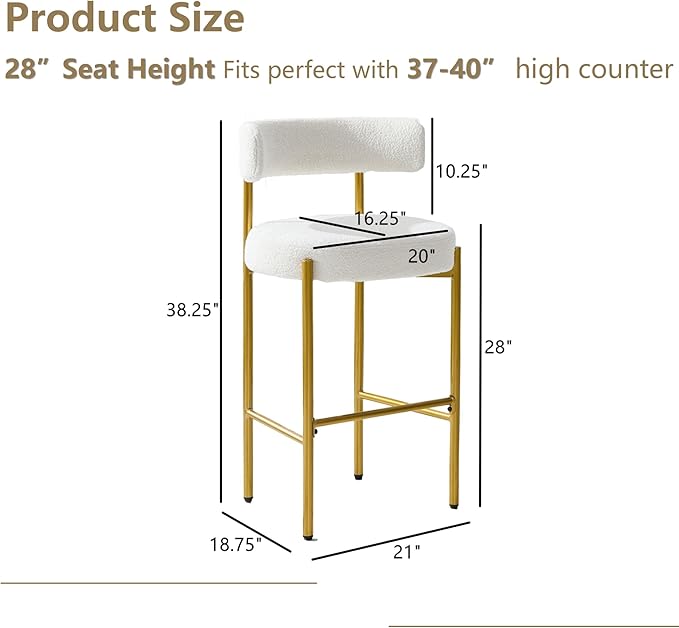 28'' Boucle Bar Stools Set of 3, White Bar Stools with Backs, Bar Height Stools for Kitchen Island, Upholstered Bar Chairs with Gold Legs
