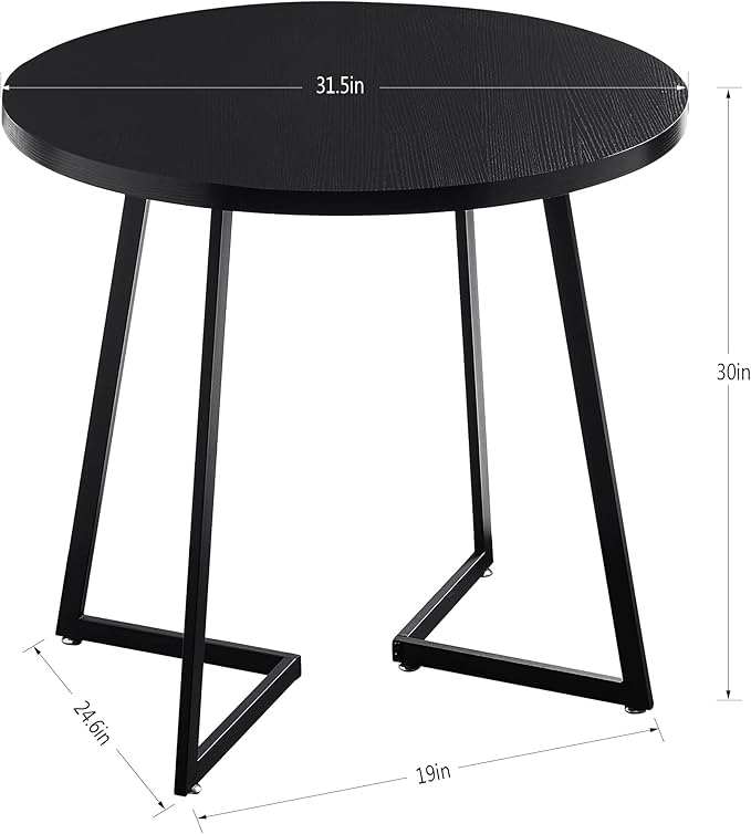 VECELO Round Dining Room Table with Wood Grain Tabletop and Steel Frame, for Kitchen, Living Room, Office, Conference, 2 to 4 Person, Black