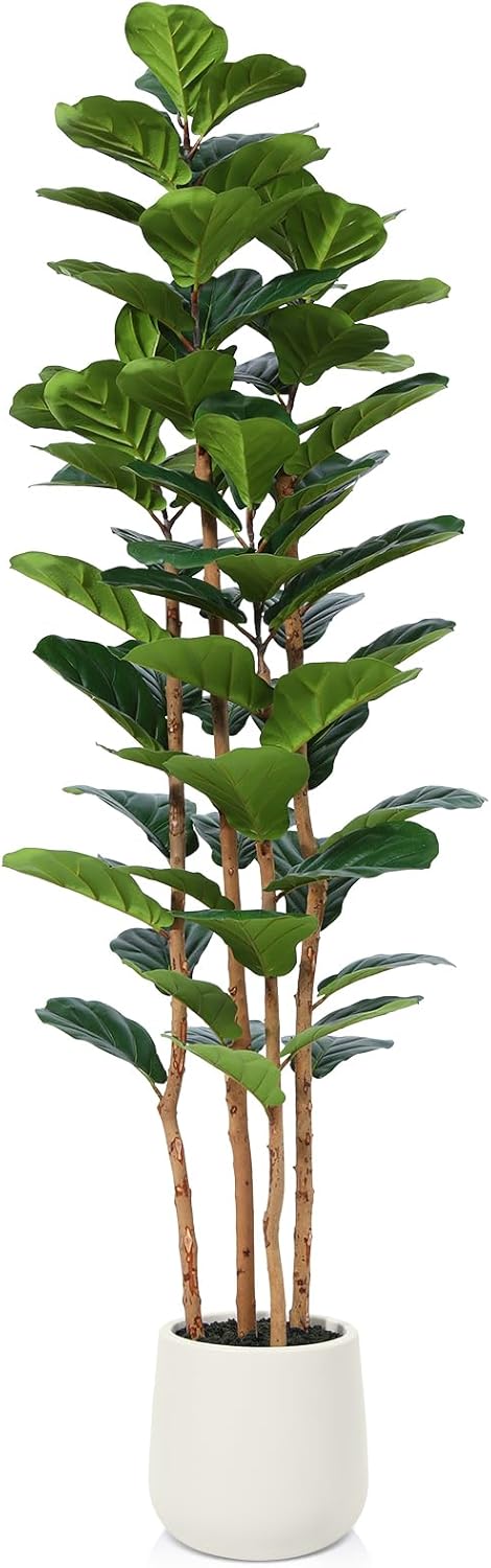 Artificial Fiddle Leaf Fig Tree with White Planter, 6ft Tall Fake Tree with Natural Wood Trunk for Home Decor, Faux Ficus Tree Fake Moss for Indoor Office Living Room