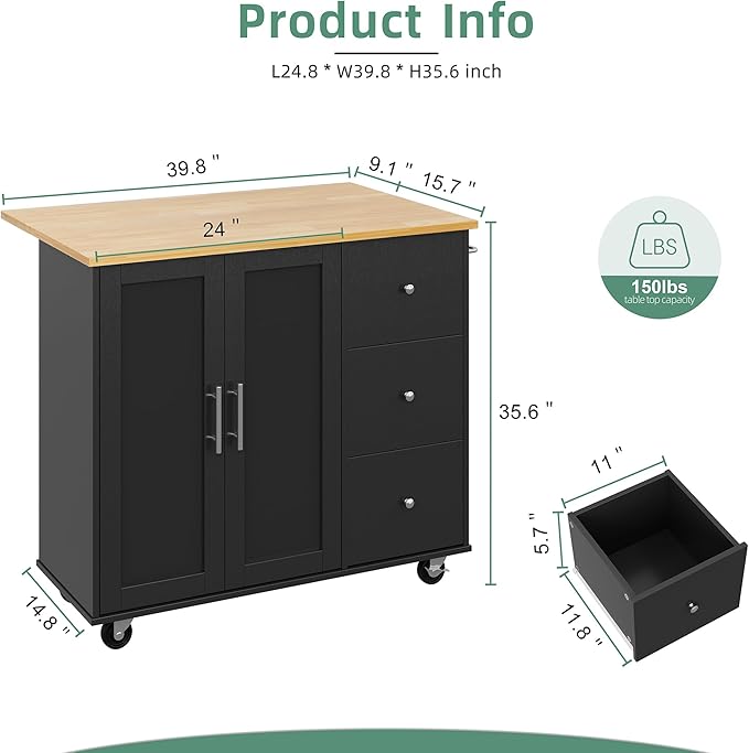 Shintenchi Rolling Kitchen Island Cart with Folding Drop Leaf Breakfast Bar, Portable Trolley Island with Large Storage Cabinet, Shelf and Drawer, Black