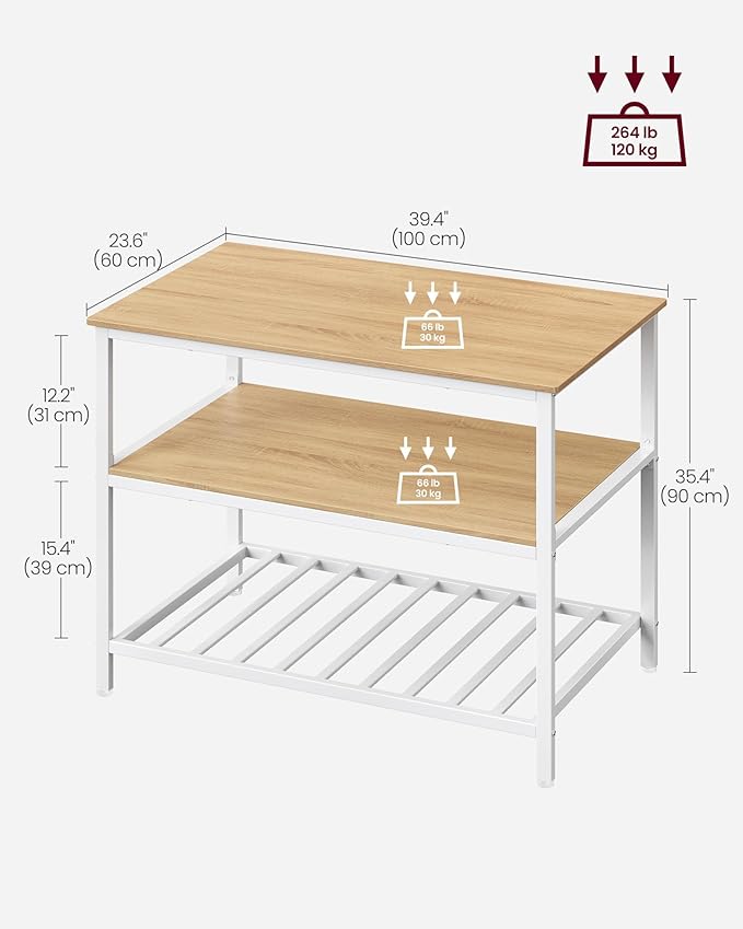 VASAGLE Kitchen Island with 3 Shelves, 39.4 Inches Width Kitchen Shelf with Large Worktop, Stable Steel Structure, Industrial, Easy to Assemble, Oak Color and White UKKI005W09