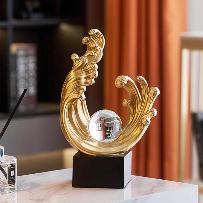 Modern Abstract Decorative Wave Statue, Gold Abstract Art Home Decor,Crystal Ball Art Wave Resin Sculpture, Office Desk Stand, Dining Table Center Decorative Aesthetics(A,Gold)