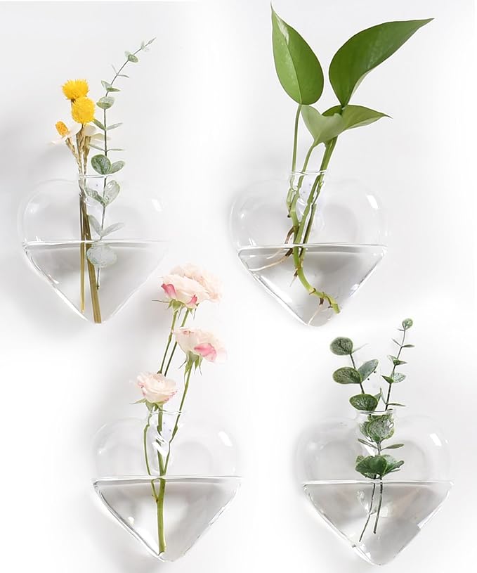 Nacome Wall Hanging Glass Planter Terrarium Plant Propagation Station, 4 Pack Heart Shape Vase for Hydroponic Home Office Garden Decor,Unique Gardening Gifts for Plant Lovers Women Mom