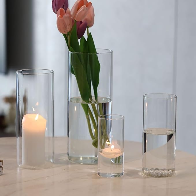 PHOSPHOR 4 PCS Glass Candle Holder, Hurricane Candle Hoder, Glass Pillar Candle Holder, Clear Cylinder Candleholder Cylinder Vase for Centerpieces Wedding Party Decoration