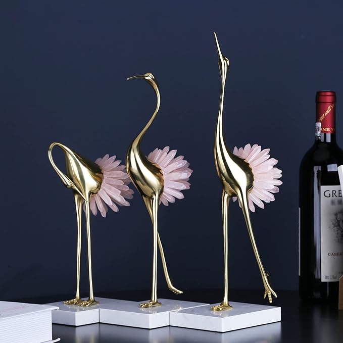 suruim Gold Decor Accents,Brass Birds Statues Gold Home Decor Modern Crystal Decor Ornaments for Living Room, Bedroom, Office Desktop, Cabinets (Pink C)