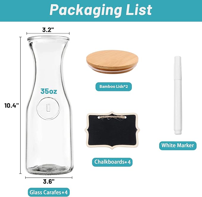 Glass Carafe with Bamboo Lid,35 Oz Beverage Dispensers Carafe,Mimosa Bar Supplies,Clear Glass Pitcher with Name Labels for Iced Tea,Coffee,Juice(Set of 4)