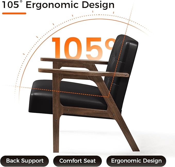 Casaottima PU Leather Accent Chair Mid Century Comfy Cozy Chair with Solid Wood Legs,Modern Arm Reading Chair with Button Tufted Back for Living Room Bedroom (Dark Black)