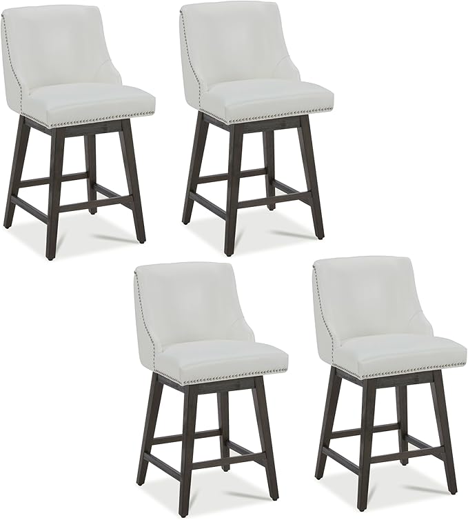 CHITA Counter Height Swivel Bar Stools Set of 4, FSC Certified Upholstered Counter Stools, Modern Swivel Barstools with Wood Legs for Kitchen Island, 26" Seat Height, Faux Leather in White