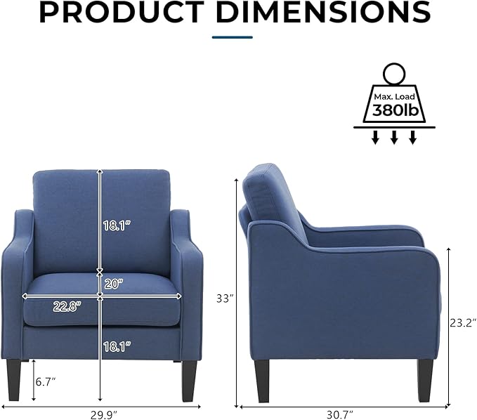 VINGLI Mid Century Modern Accent Chair,Navy Blue Fabric for Living Room Upholstered Armchair with Scooped Arms for Bedroom,Apartment,Studio,Office,Waiting Room