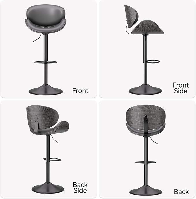 Swivel Bar Stools Set of 3, Seat Adjustable Height 23.5-32.5IN Bentwood Barstools with Back & Footrest, PU Leather Upholstered Counter Height Bar Chairs for Bar Kitchen Dining Room,Gray