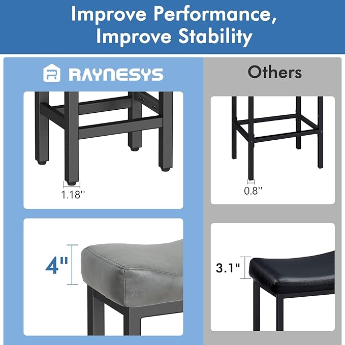 Counter Height Bar Stools Set of 3, 24 Inch Barstools for Kitchen Island Counter, Bonded Leather Kitchen Stools with Thick Saddle Seats & Heavy Duty Metal Base, Easy Assembly, Gray/Black